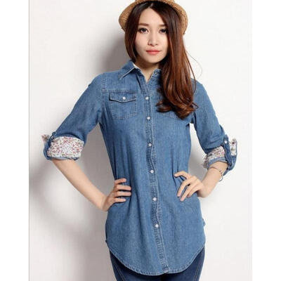 

HEZ Women Lady Girl Retro vintage Long Sleeve Blue Jean Denim Shirt Top Blouse D