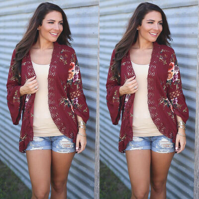 

Plus Size Women Holiday Lace Floral Kimono Cardigan Ladies Summer Tops Blouse