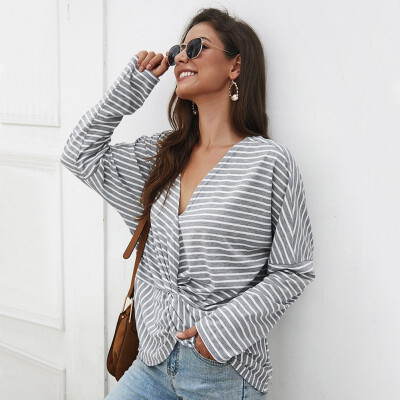 

Women Loose V Collar Summer Cartoon Stripes Print Loose Long Sleeve Casual Simple Wild T-Shirt