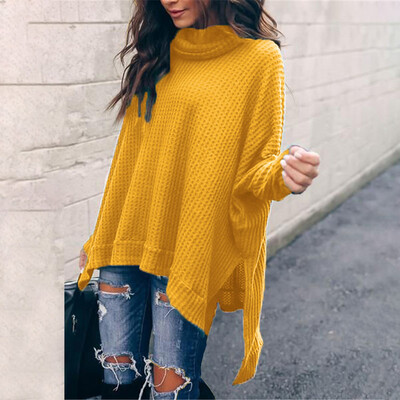 

Ladies Knitted Long Sleeve Baggy Sweater Turtleneck Irregular Hem Warm Pullover