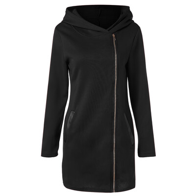 

Oblique Zipper Funnel Neck Slim Fit Hooded Long Coat Jacket for Women
