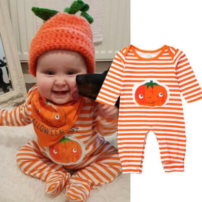 

Newborn Baby Boy Girls Halloween Clothes Pumpkin Romper Bodysuit Overall Outfits