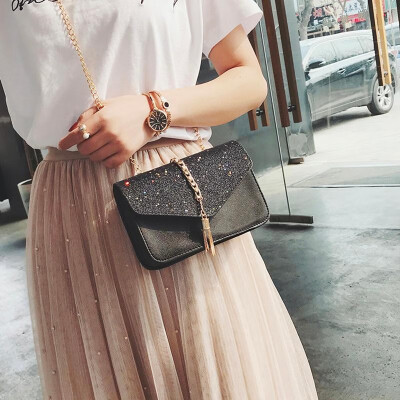 

New Fashion Women Sequined Messenger Bag PU Leather Flag Bag Chain Strap Shoulder Bag Crossbody Bag BlackBrownGrey