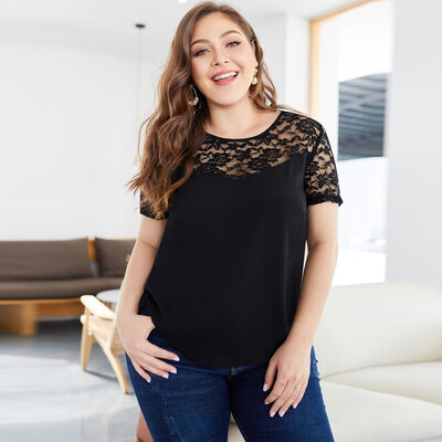 

Roseonmyhand Women Plus Size Casual Blouse Lace Splice Sexy Shirt Short Sleeve Tops