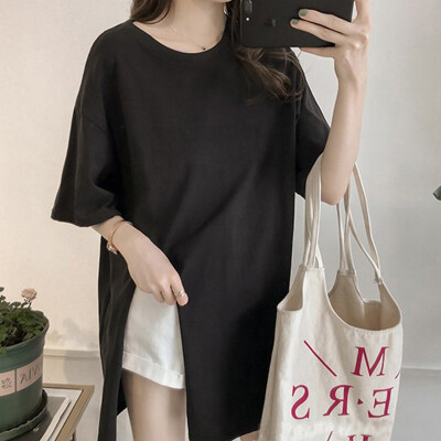 

Womens O Neck Short Sleeve Solid Irregular T-Shirt