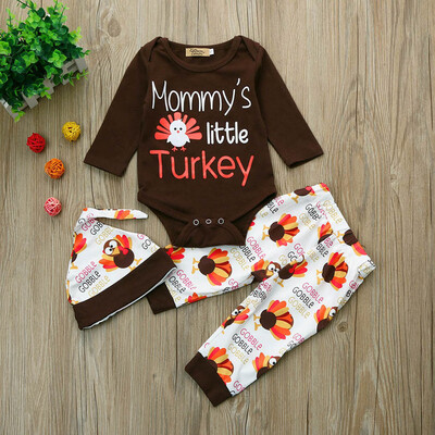 

Newborn Infant Baby Boy Letter Romper TopsPantsHat Thanksgiving Outfits Set