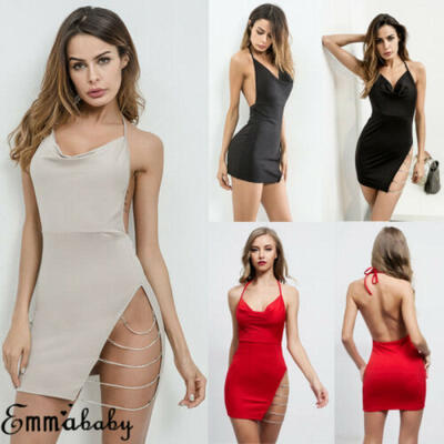 

Women Deep V Clubwear Sexy Sling Backless Lace Up Party Bodycon Mini Short Dress