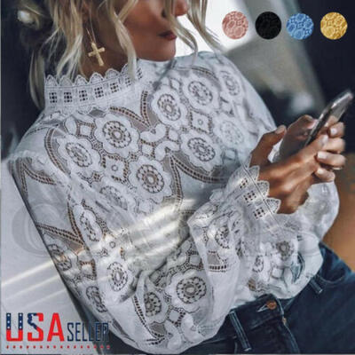 

Fashion Women Loose Long Sleeve Lace Blouse Hollow out Lace Casual Tops T-Shirt