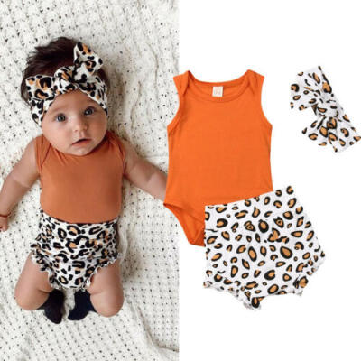 

Toddler Baby Girl Summer Sunsuit Romper Leopard Short Pants Headband Outfits Set