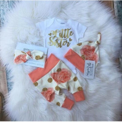 

US Seller 4Pcs Newborn Baby Girl Flower Romper Long Pants Legging Hat Outfit Set