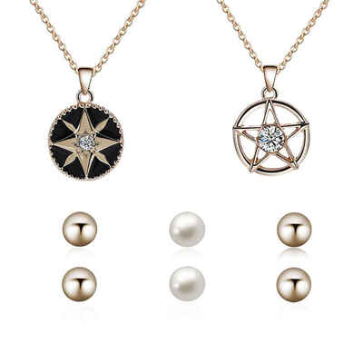

Vintage Personalized Geometric Women Necklace Star Rhinestone Pendant Girl Chain with Pearl Earrings Lady Gift Jewelry