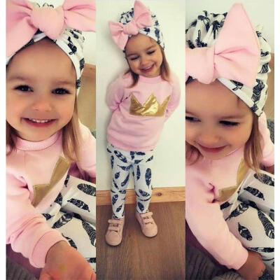 

3Pcs Newborn Toddlers Baby Girls Long Sleeve Outfit Set Crown T-Shirt&Feathers Print Pants With Hat 0-4Y