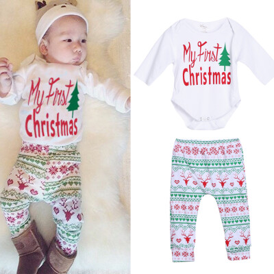 

4pcs Baby Boy Girl Christmas Outfit Romper Pants Leggings Hat Clothes Set
