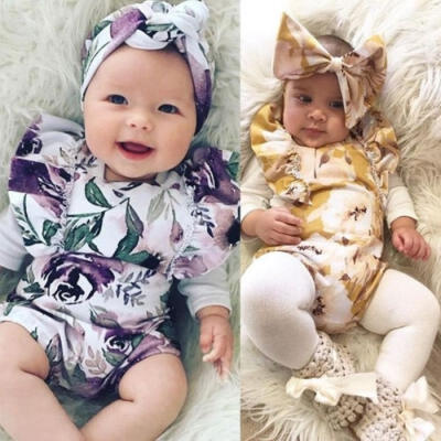 

Newborn Baby Girl Floral RomperHeadband 2Pcs Cotton Bodysuit Outfits Set