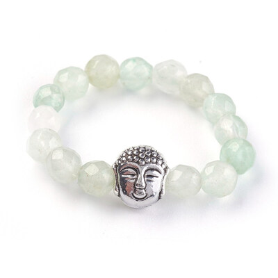 

Natural Green Aventurine Strech Rings with Alloy Buddha Beads Faceted Round Antique Silver Size 8 18mm