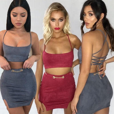 

Women 2 Piece Bodycon Two Piece Crop Top&Skirt Set Lace Up Dress Party