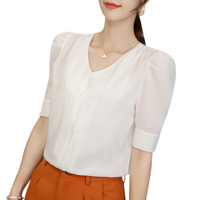 

2019 New Women V-Neck Solid Color Shirts Summer Short Sleeve Casual Top Female Button Fashion Chiffon Blouse Office Lady Shirt