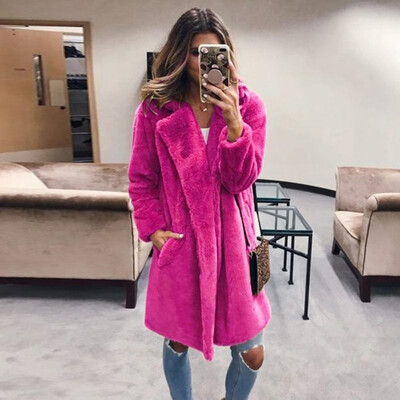 

Fashion Women Winter Fluffy Solid Color Coat Notched Collar Long Sleeve Concealed Button Pocket Faux Fur Thick Jacket Outerwear