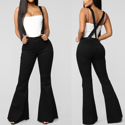 

Tailored Women High Waist Zipper Jeans Button Strap Pants Trousers Bell-bottom Pants