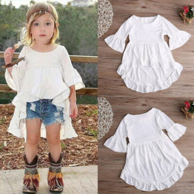 

US Baby Girl Dress Frill Flare Sleeve Top T-Shirt Party Ruffles Hem Dresses 1-6Y