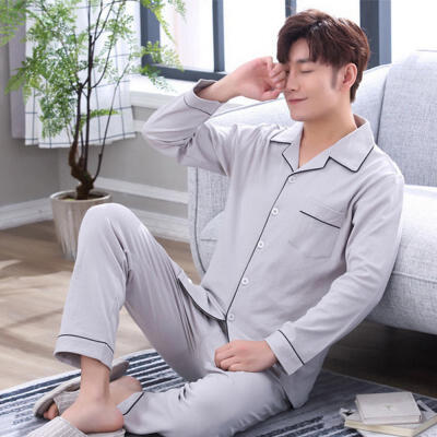 

Mens Pajamas Autumn And Winter Cotton Long Sleeve Top Pants Turn Down Collar Sleepwear Set