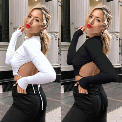 

New Women Long Sleeve Crop Tops Sexy Backless T-Shirts Bodycon Shirts Party CA