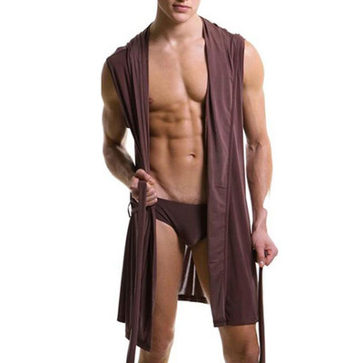 

Mens Sexy Breathable Bath Robe Pajamas Sleeveless Hooded Ice Silk Nightwear