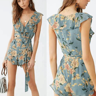 

Starmoon Womens Sexy Fashion Floral Lots Leaf Collar V-Neck Jumpsuit