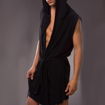 

Mens Sexy Breathable Bath Robe Pajamas Sleeveless Hooded Ice Silk Nightwear