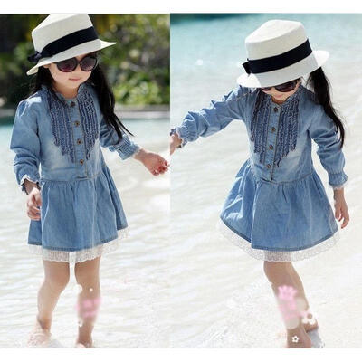 

Girl Kids 2-8Y Denim Blue Beautiful Lace Cowboy Clothes Long Sleeve Dress PXL154