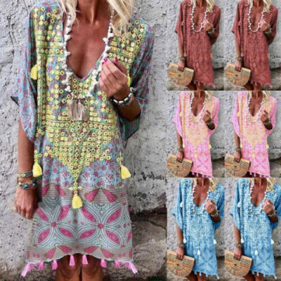 

New Women Boho Cotton Linen Maxi Dress Bat Sleeve Casual Kaftan Tunic Plus Size