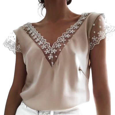 

Women Short Sleeve Tops V-neck Blouse Mesh Backless T-shirt Formal Shirts Casual