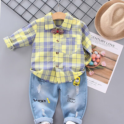 

Autumn Baby Boys Casual Long Sleeve Plaid Print Shirt Blouse TopsCartoon Denim Pants Trouser Set