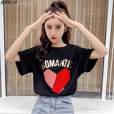 

Womens Heart Print Bronzing Letters Short Sleeve T-Shirt O-Neck Pullover Tops