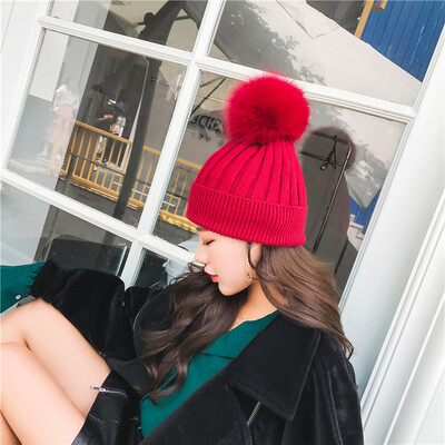 

Super Fox fur ball real fur wool blend thickened warm womens winter wool hats Korean knit hat tide