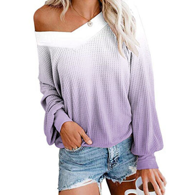 

Tailored Womens V Neck Long Sleeve Dyes Print Knit Top Off Shoulder Pullover Sweater