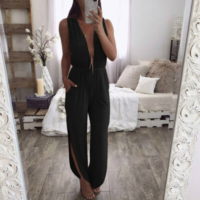 

Starmoon Women Casual Deep V-Neck Solid Bandage Split Hem Romper Sleeveless Jumpsuits