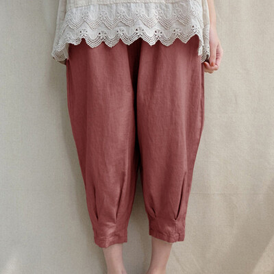 

Tailored Women Cotton Linen Solid Color Belt Pocket Nine Points Casual Harem Pants
