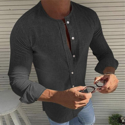 

Mens Long Sleeve Round Neck Loose Tops Button Down Solid Beach Summer Blouse