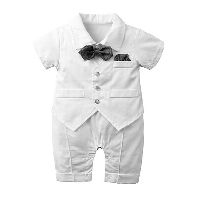 

Infant Baby Boy Clothes Gentle Short Sleeve Rompers Kids Fake 2 Piece Jumpsuit With Bowknot Newborn Clothes