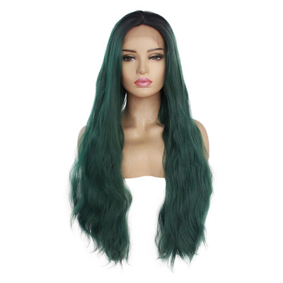 

Gobestart Curly Wave Wavy Dark Green Lady Guy Wigs Women Long Lace Front Synthetic Wig