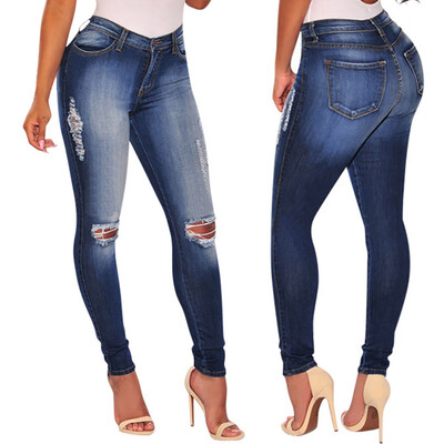

Tailored Women Slim Washed Ripped Hole Gradient Long Jeans Denim Sexy Regular Pants