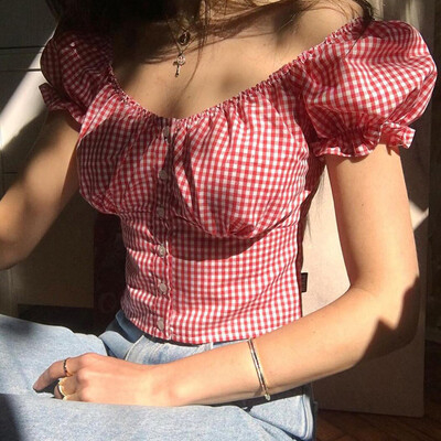 

Starmoon Women Short Sleeve Plaid Printed Button Puff Sleeve T-Shirt Blouse Tops