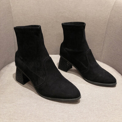 

Elastic boots women fallwinter thick-heeled short boots side zipper slimming bare boots high-heeled Martins single boots