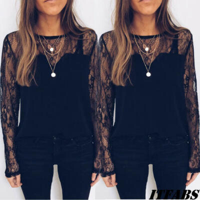 

USA Women Ladies Sexy Black Lace Crew Neck Long Sleeve Loose Blouse Tops T-Shirt