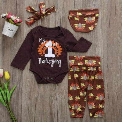 

4PCS Sets Newborn Baby Romper Jumpsuit TopPantHatHeadband Outfits Clothes