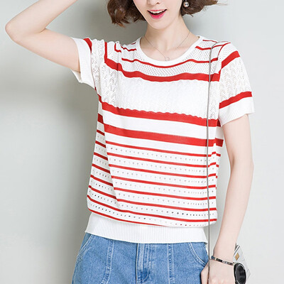 

Starmoon Women Fashion Leisure O-Neck Short Sleeve Stripe T-Shirt Tops Knitting Blouse