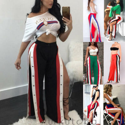 

Fashion Womens Cut Split Side Buttons Wide Leg Jogger Casual Long Pants Trousers