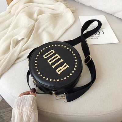 

2019 new fashion letter handbag personality rivet shoulder Messenger bag female casual simple wild small round bag