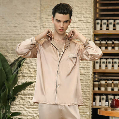 

2018 Rayon Silk Pajamas Mens Spring Long-sleeved Trousers Set Sleepwear Soft Satin Silk Nightgown For Men Pajamas Set